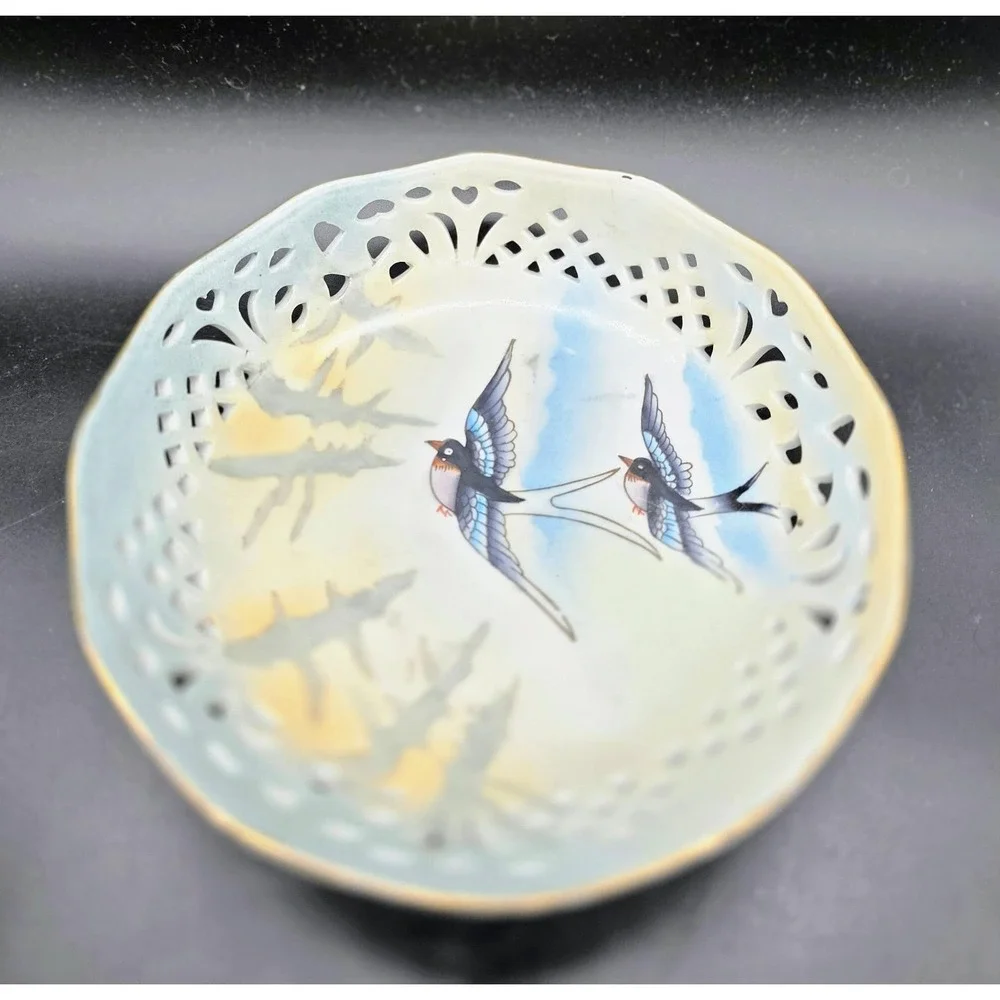 Vintage Hand Painted Pierced Porcelain Bowl Candy Dish Bird Swallow 7.75